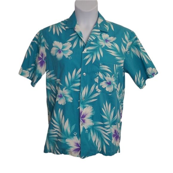 VINTAGE 70s‎ Aikane Hawaii teal floral hibiscus button up shirt S - Picture 1 of 7